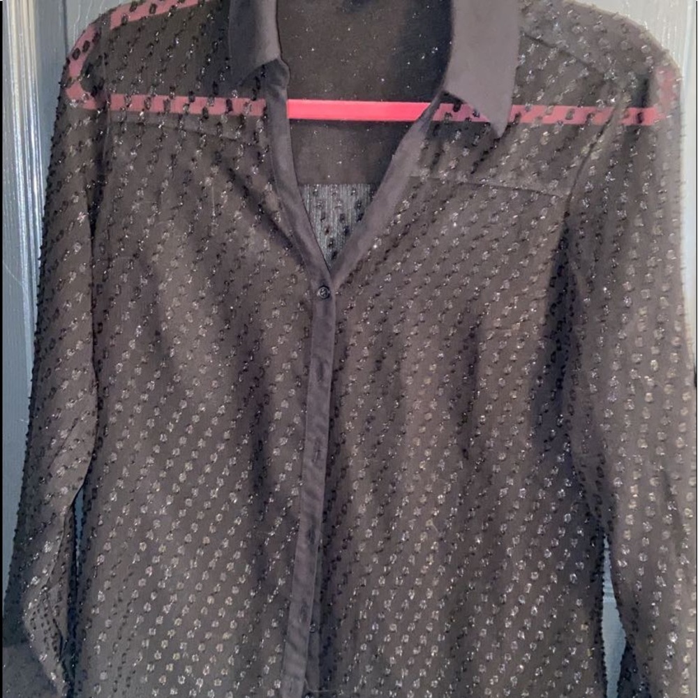 glittery black button down see through top